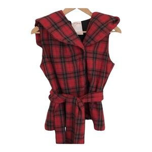 Wool Red Plaid Hooded Belted Vest Jacket XS by Chulo Pony Gretchen Holiday